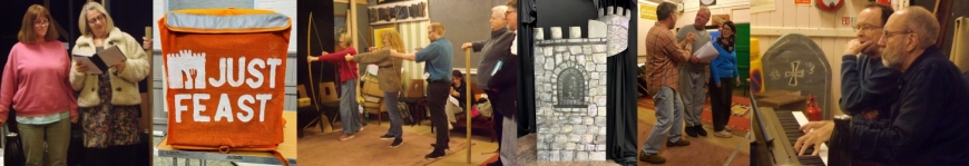 pictures from Robin Hood and the Merry Outlaws in rehearsal and props